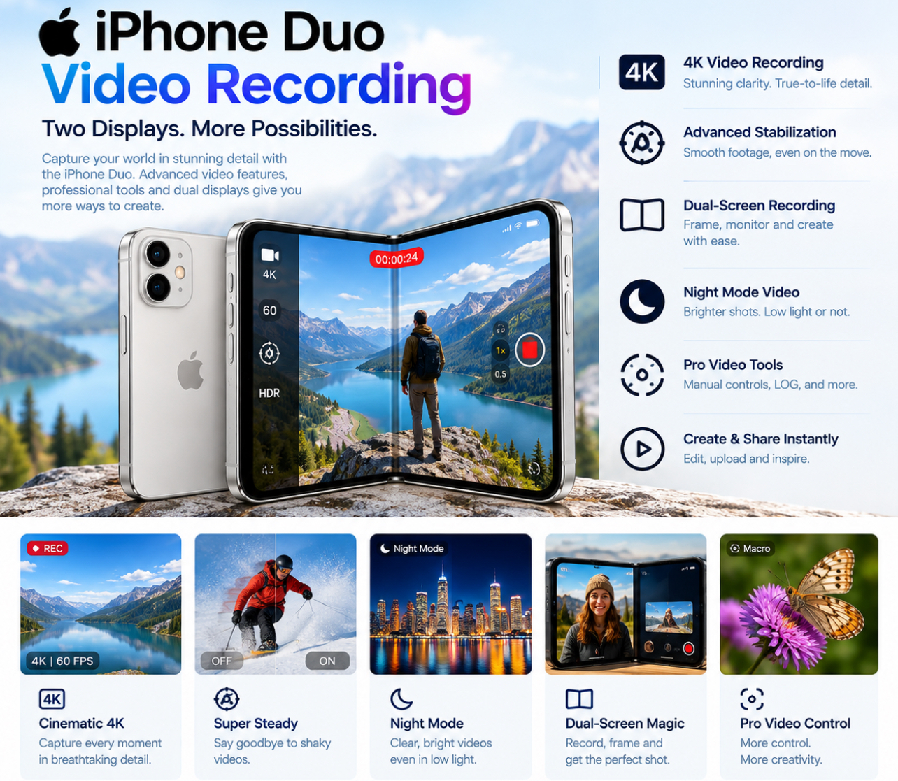 iPhone Duo foldable smartphone showcasing video recording with dual 48MP Fusion cameras, 4K video at 120fps, Dolby Vision, advanced stabilization, and dual-screen recording features.