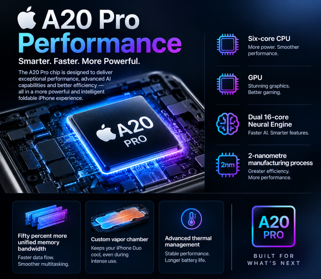 A20 Pro chip infographic highlighting a six-core CPU, GPU, dual 16-core Neural Engine, 2-nanometre manufacturing process, 50 percent more unified memory bandwidth, custom vapor chamber, and advanced thermal management.