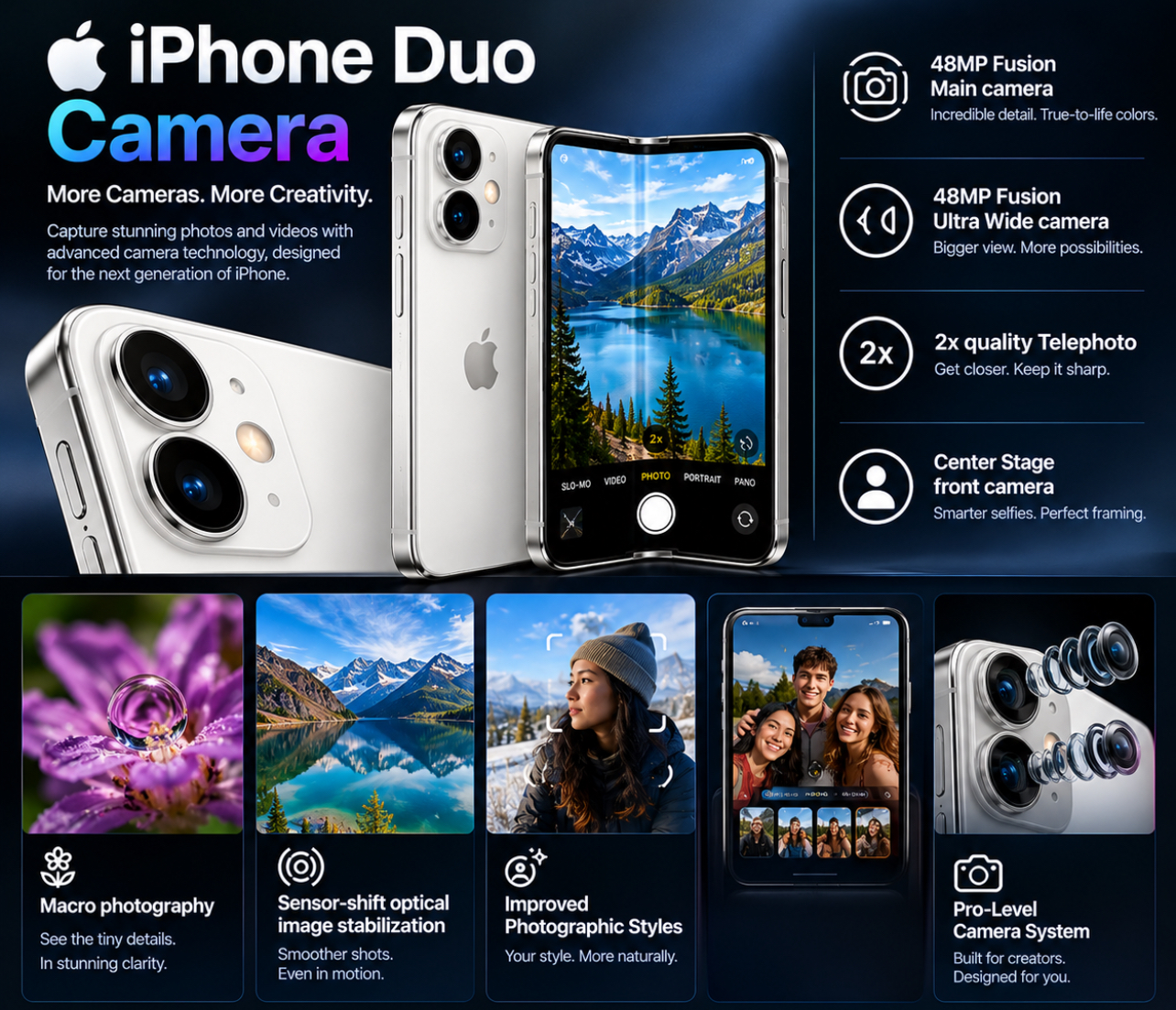 iPhone Duo foldable smartphone camera system featuring a 48MP Fusion main camera, 48MP Fusion Ultra Wide camera, 2x quality telephoto, Center Stage front camera, macro photography, sensor-shift optical image stabilization, and improved Photographic Styles.