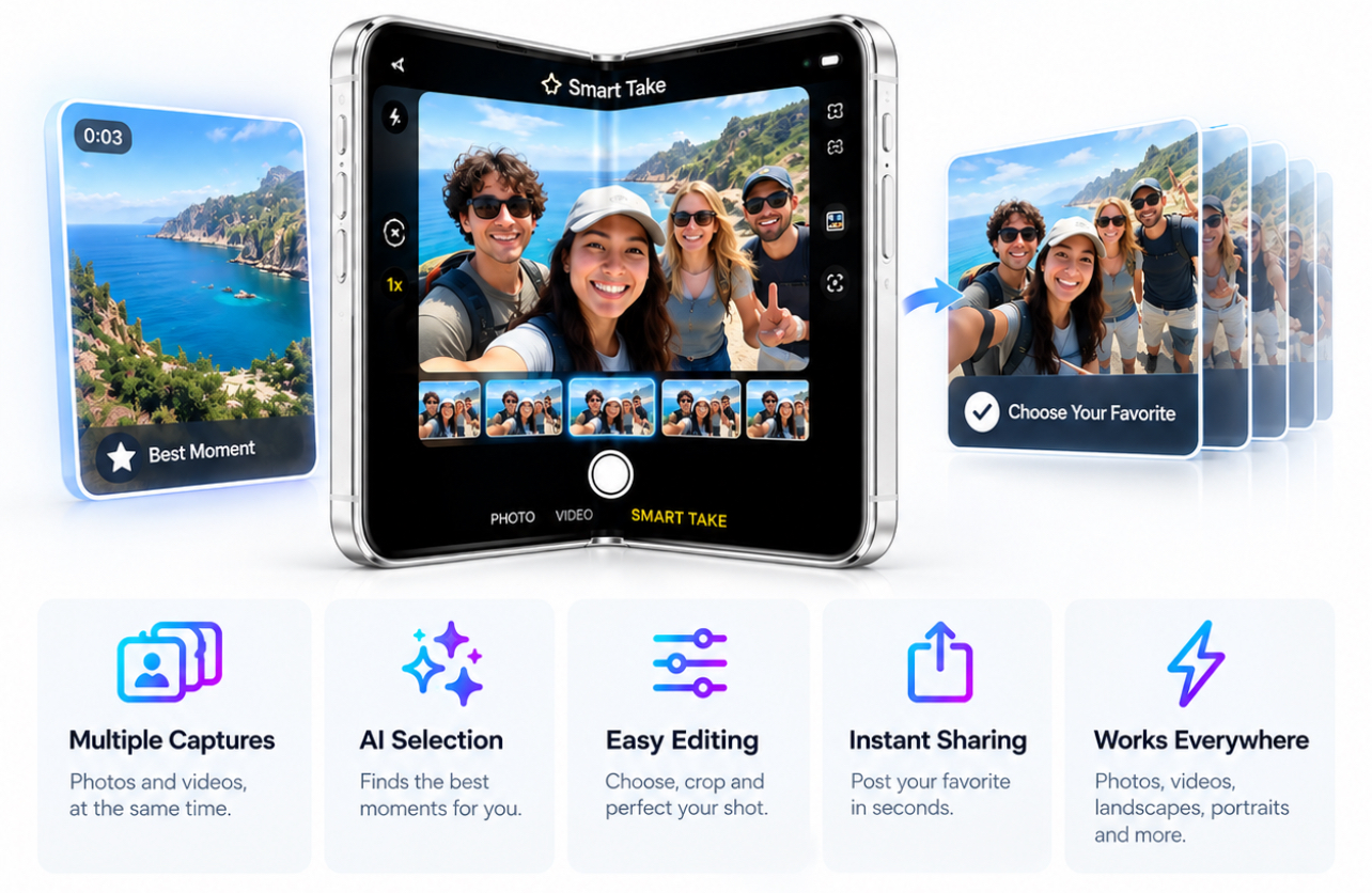 iPhone Duo Smart Take feature showing multiple photo captures, AI-powered selection of the best moment, easy editing, instant sharing, and a foldable camera interface on a white background.