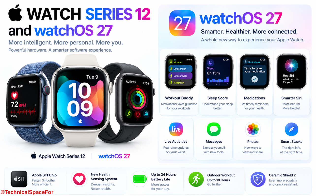 Apple Watch Series 12 and watchOS 27 features including Workout Buddy, Sleep Score, Smart Siri, Messages, Photos, and Live Activities