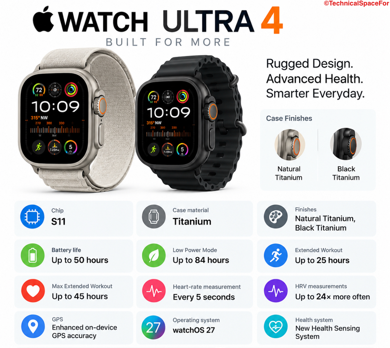Apple Watch Ultra 4 specifications infographic featuring natural and black titanium finishes, S11 chip, battery life, health features, GPS, watchOS 27, Apple Intelligence, and $799 starting price.