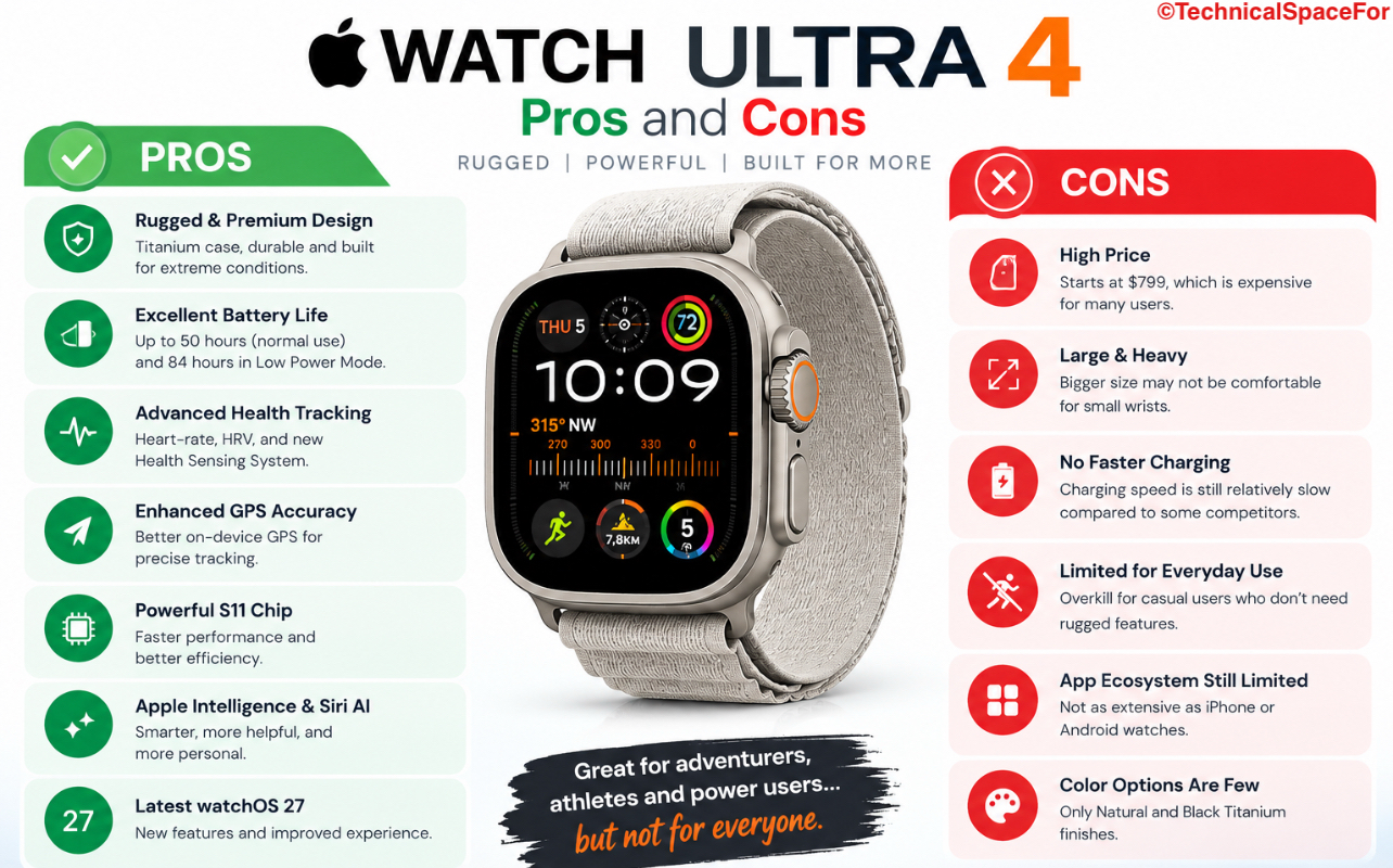 Apple Watch Ultra 4 pros and cons infographic showing its rugged titanium design, long battery life, advanced health tracking, enhanced GPS, S11 chip, and Apple Intelligence, alongside drawbacks such as high price and large size.