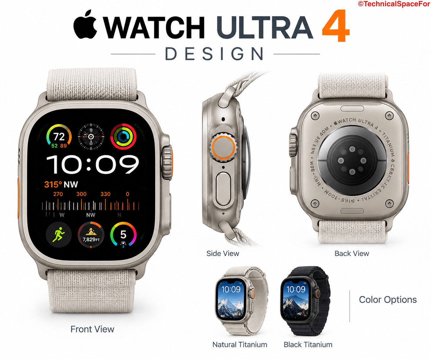 Apple Watch Ultra 4 design shown in Natural Titanium and Black Titanium, featuring a rugged case, large display, Digital Crown, side button, rear health sensors, and durable band.