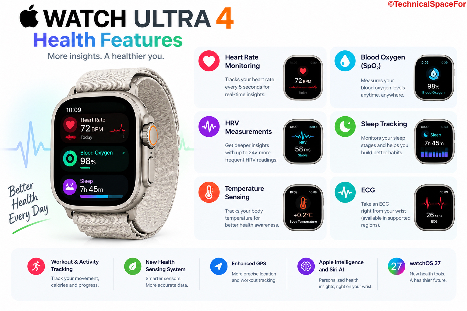 Apple Watch Ultra 4 health features infographic showing heart-rate monitoring, HRV measurements, sleep tracking, temperature sensing, ECG, workout tracking, new Health Sensing System, enhanced GPS, Apple Intelligence, and watchOS 27.
