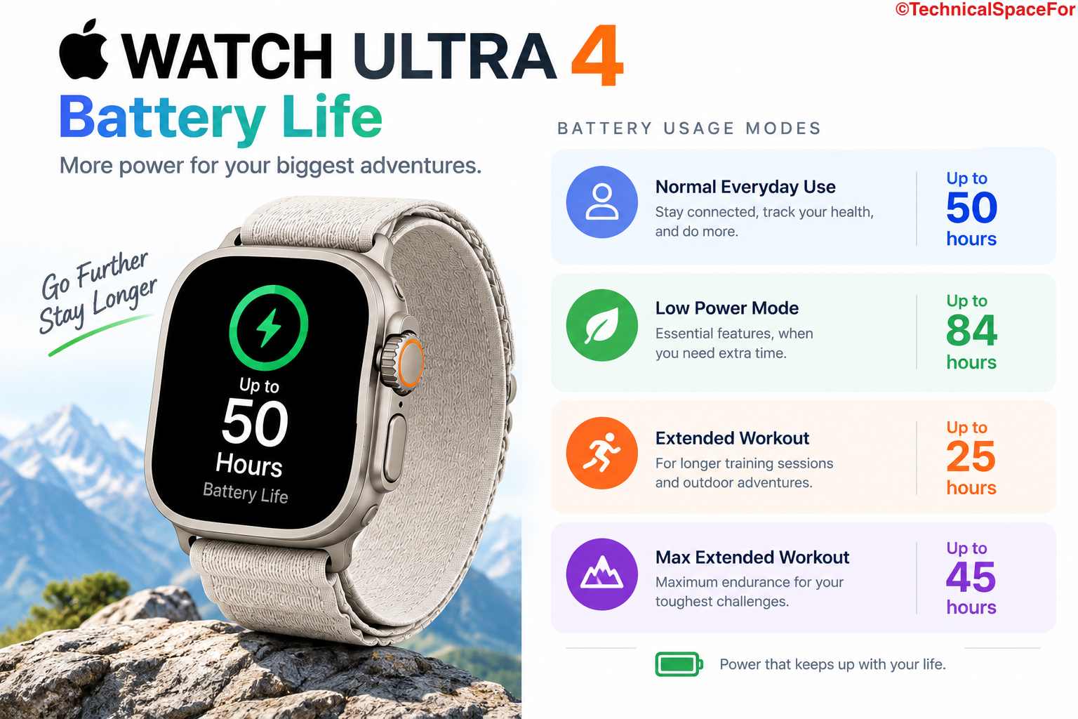 Apple Watch Ultra 4 battery life infographic showing up to 50 hours of normal use, 84 hours in Low Power Mode, 25 hours of Extended Workout, and 45 hours of Max Extended Workout.
