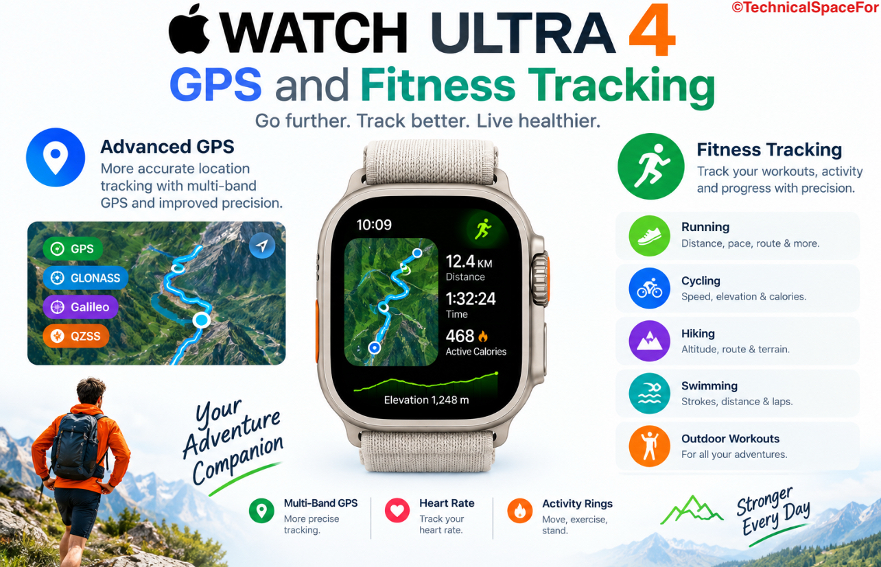 Apple Watch Ultra 4 GPS and fitness tracking infographic showing enhanced GPS accuracy, workout tracking, running, cycling, hiking, swimming, heart-rate monitoring, and Activity Rings.