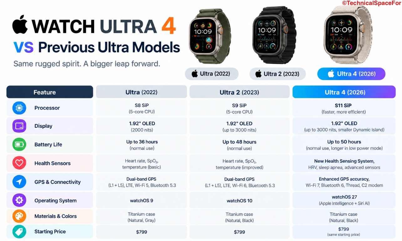 Apple Watch Ultra 4 vs previous Ultra models infographic comparing the original Apple Watch Ultra, Ultra 2, and Ultra 4 across processor, display, battery life, health sensors, GPS, connectivity, software, materials, colors, and price.