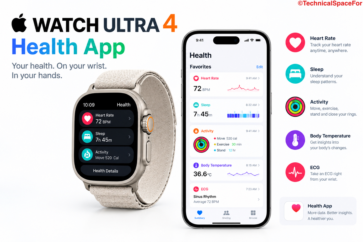 Apple Watch Ultra 4 Health App infographic showing heart rate, sleep, activity, body temperature, and ECG data on the Apple Watch and iPhone.