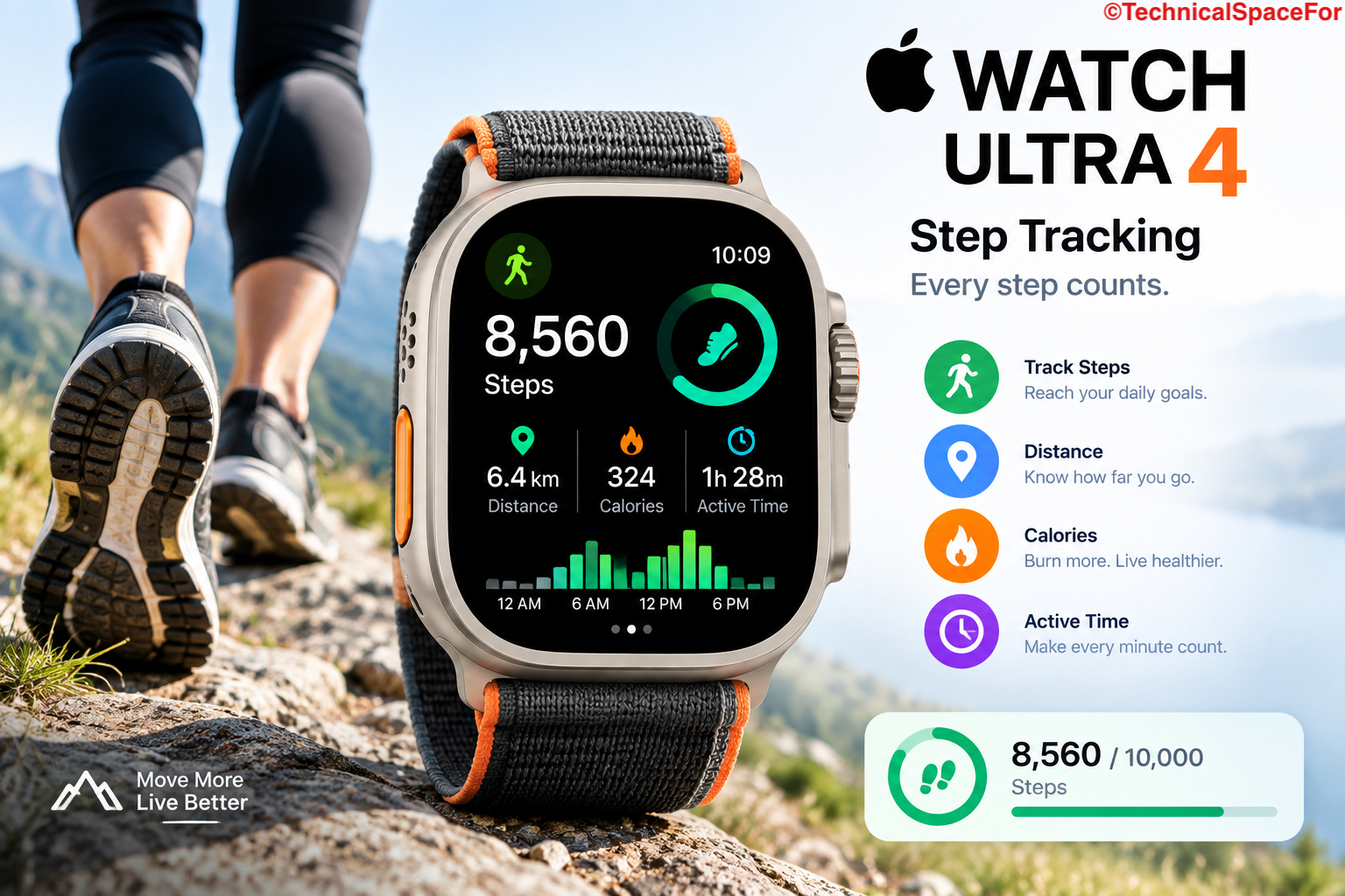 Apple Watch Ultra 4 step tracking infographic showing daily steps, distance, calories burned, active time, and progress toward a 10,000-step goal
