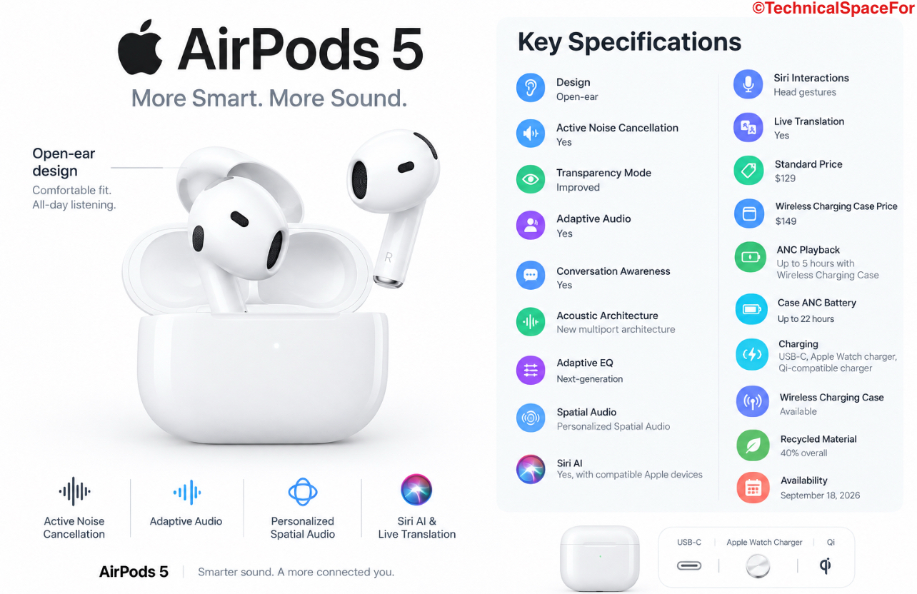 Apple AirPods 5 with open-ear design, Active Noise Cancellation, Adaptive Audio, and wireless charging case