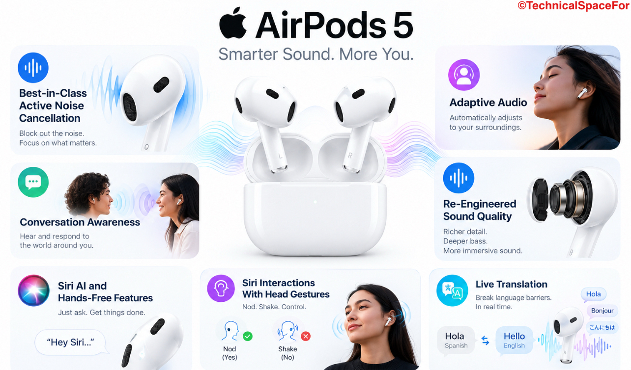 Apple AirPods 5 featuring Active Noise Cancellation, Adaptive Audio, Siri AI, head gestures, and Live Translation