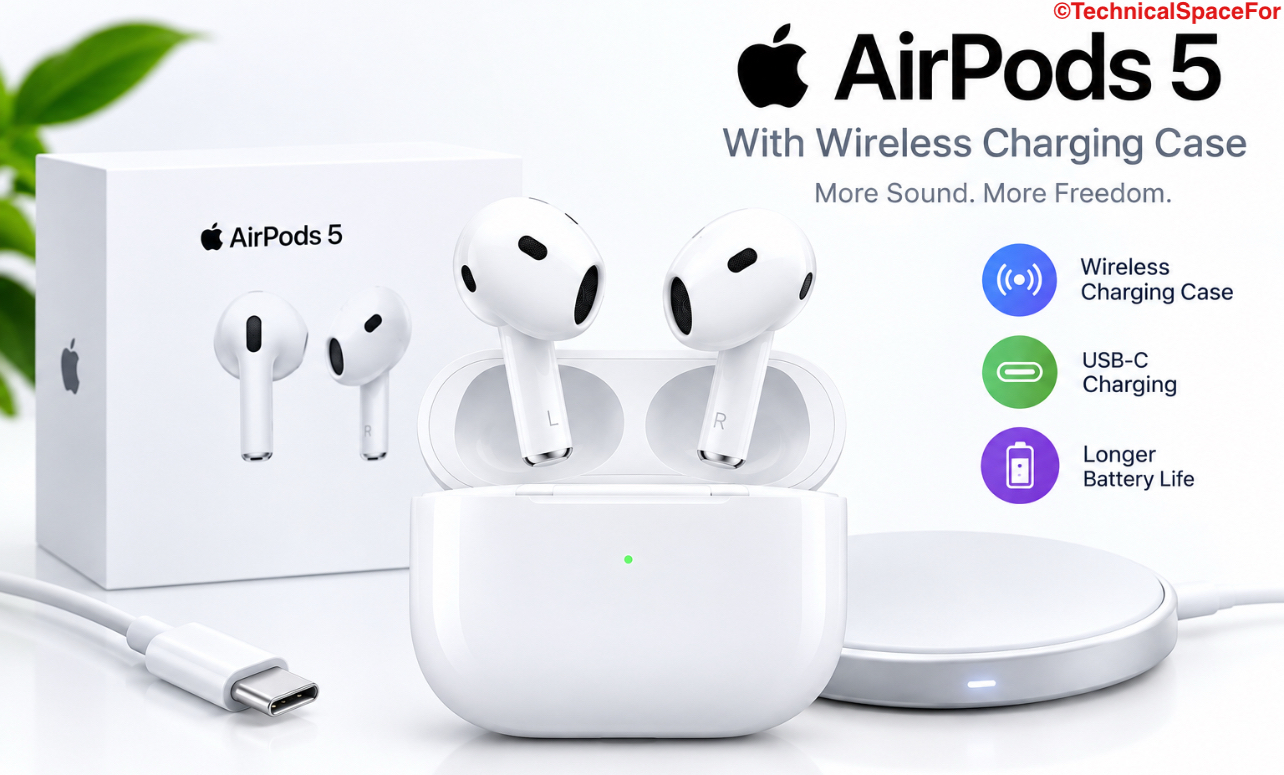 Apple AirPods 5 with wireless charging case, USB-C cable, and wireless charging pad