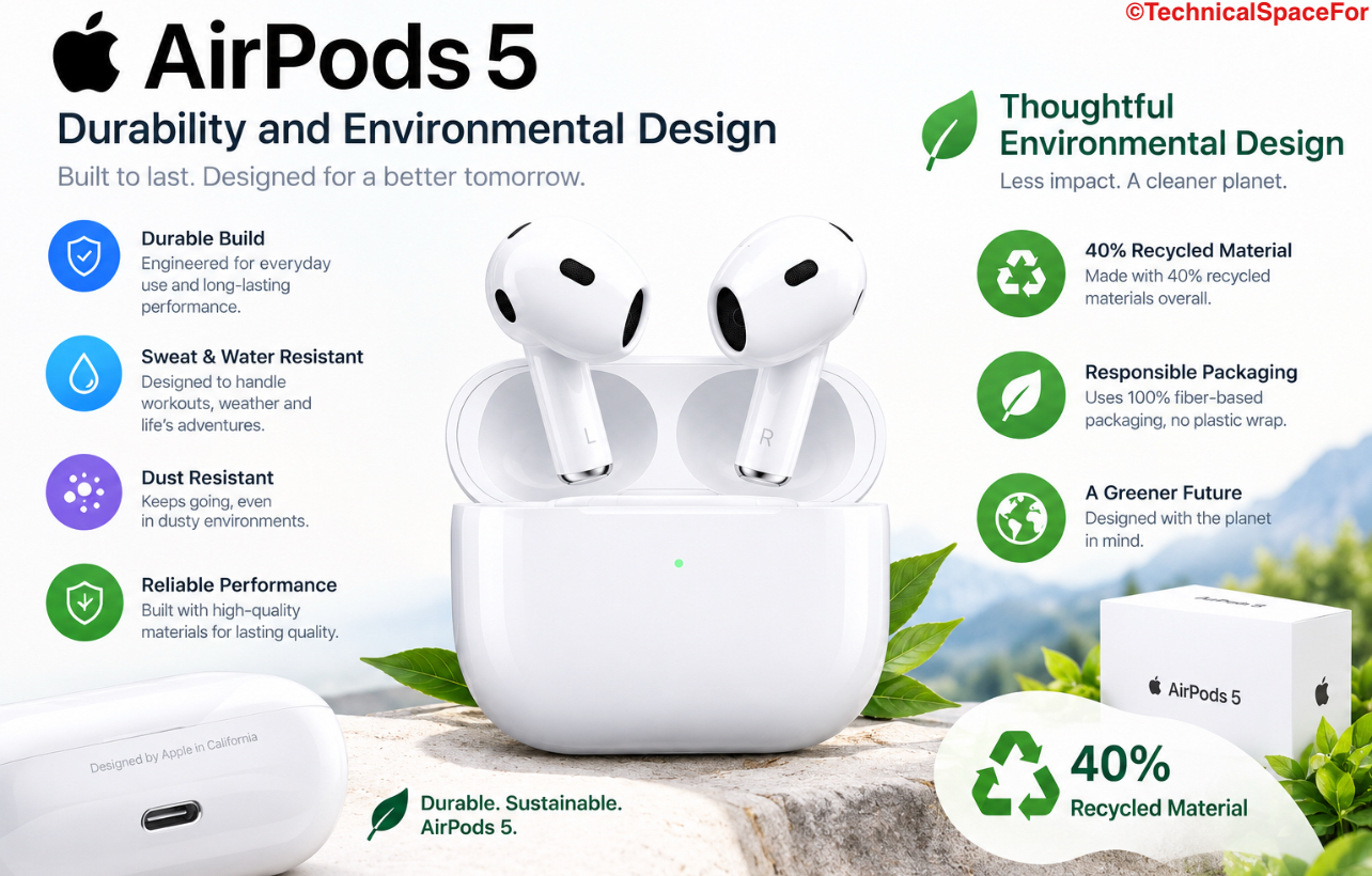 Apple AirPods 5 showcasing durable construction, water and dust resistance, and 40% recycled materials