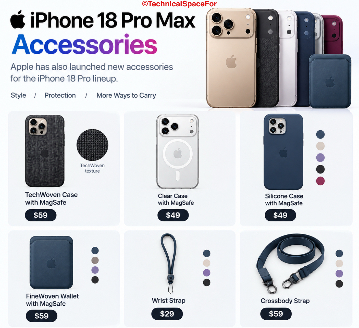 iPhone 18 Pro Max accessories including TechWoven, Clear, Silicone, FineWoven Wallet, Wrist Strap and Crossbody Strap