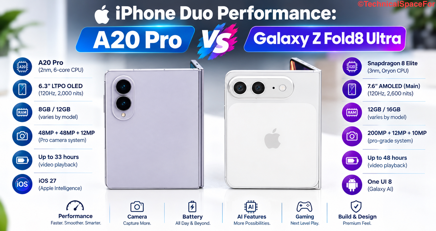iPhone Duo A20 Pro vs Galaxy Z Fold8 Ultra performance comparison.
