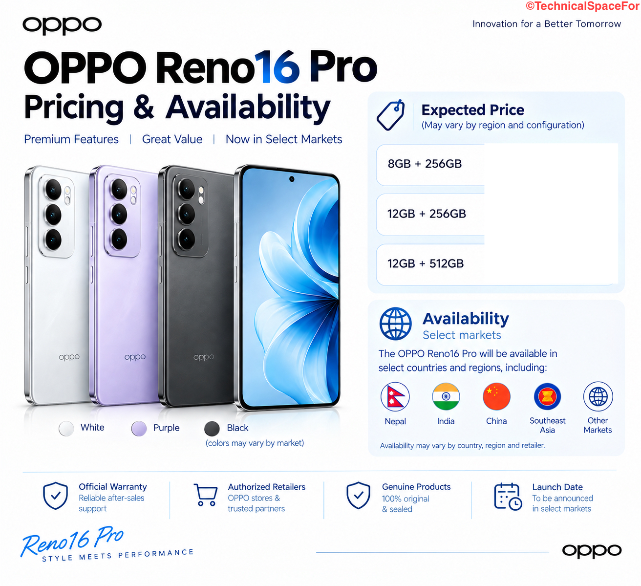 OPPO Reno16 Pro pricing and availability in Nepal and selected markets