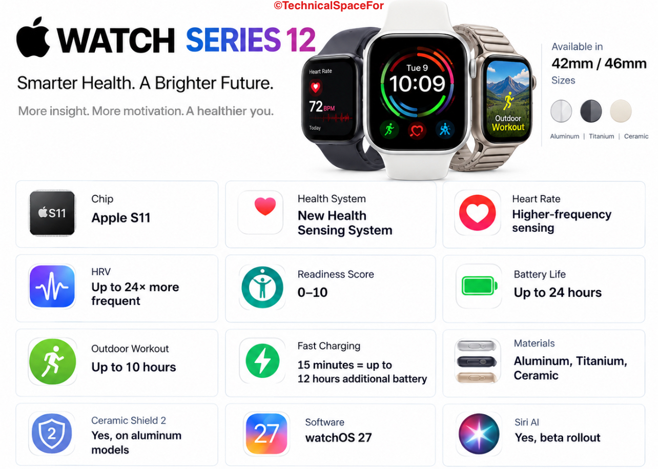 Apple Watch Series 12 key specifications including S11 chip, health sensing, 24-hour battery, watchOS 27, and $399 starting price