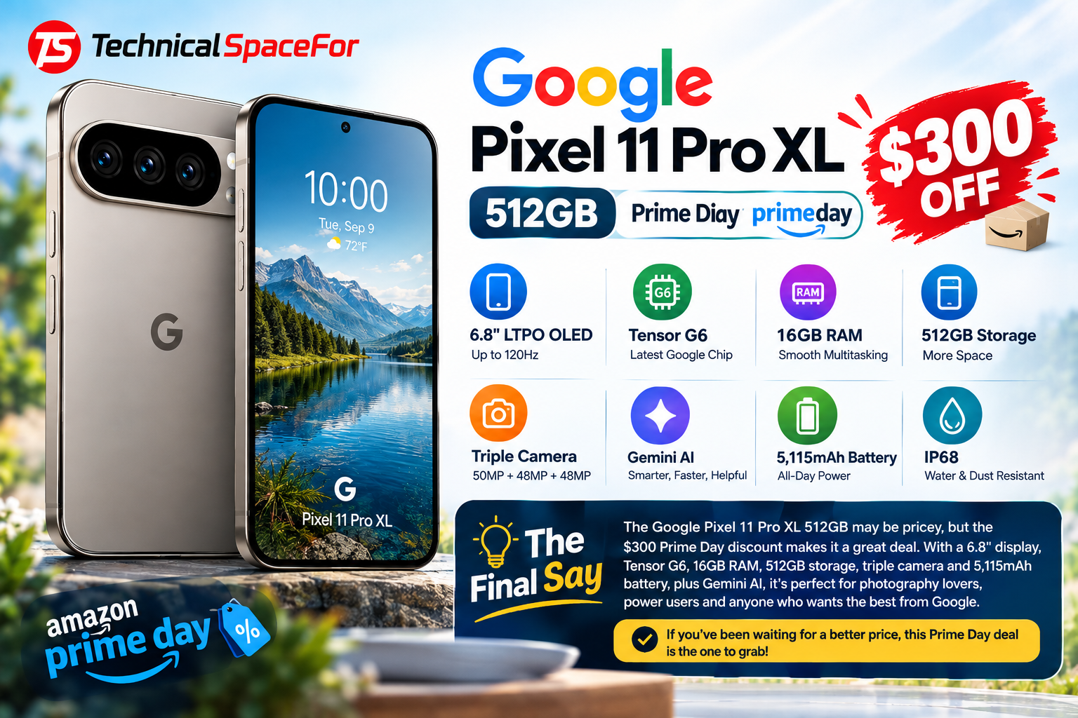 Google Pixel 11 Pro XL 512GB Prime Day offer with $300 discount