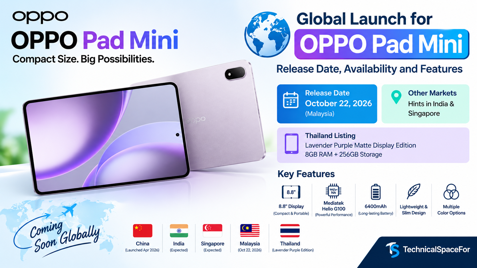 OPPO Pad Mini global launch promotional banner showcasing the tablet in Lavender Purple, highlighting the October 22, 2026 Malaysia launch, expected availability in India and Singapore, key features, and TechnicalSpaceFor branding.