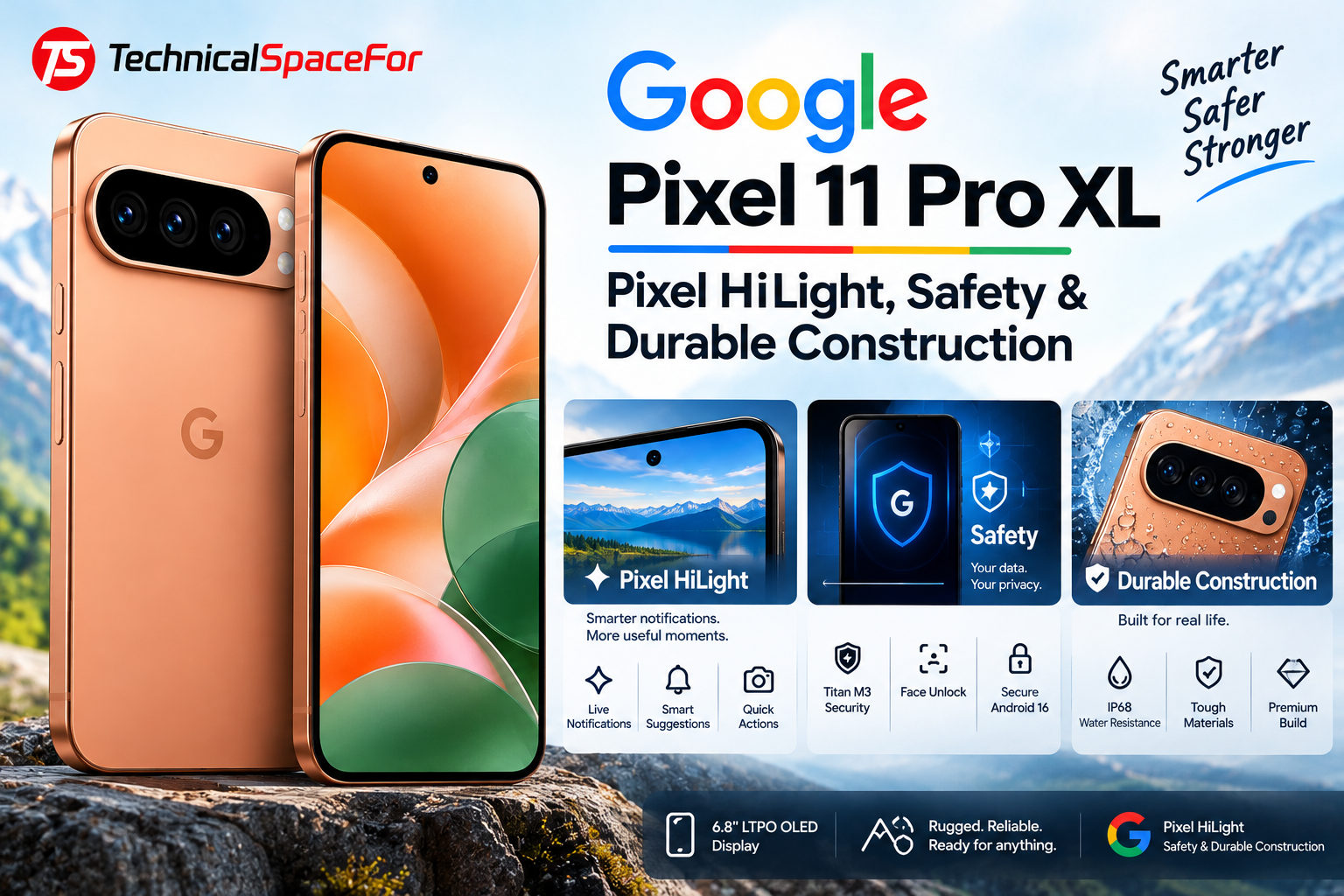 Google Pixel 11 Pro XL with Pixel HiLight, safety features and durable construction