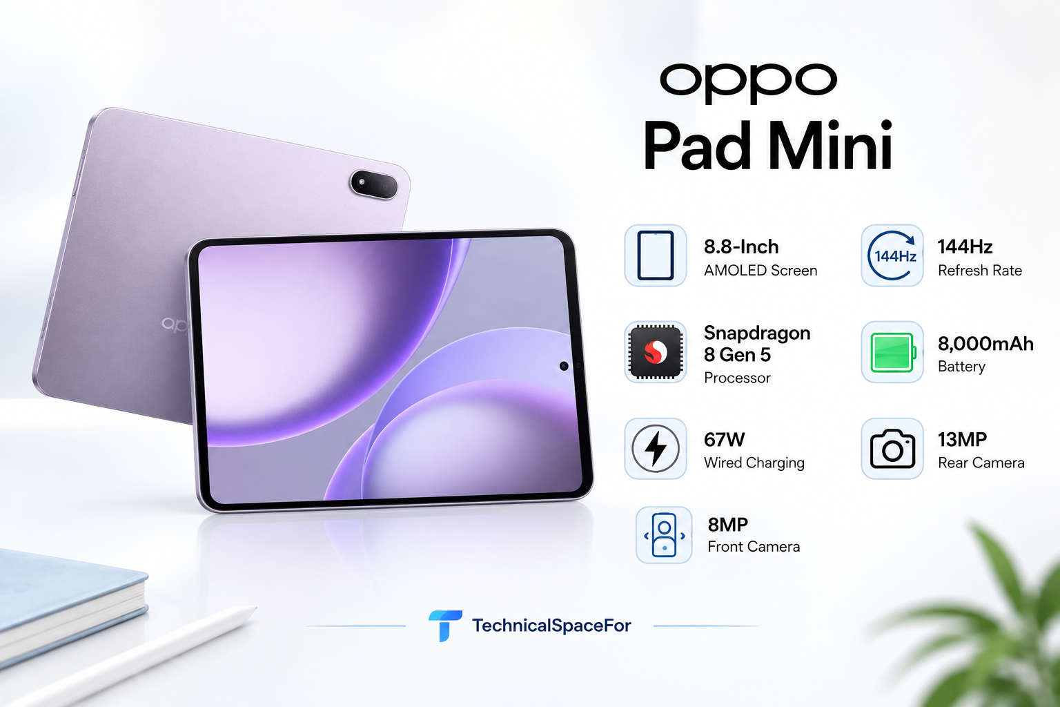 OPPO Pad Mini featuring an 8.8-inch AMOLED display and purple design.