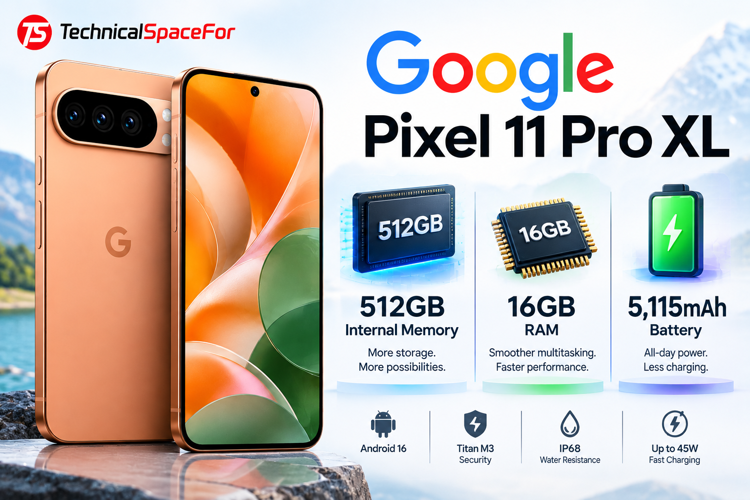 Google Pixel 11 Pro XL with 512GB storage, 16GB RAM and 5,115mAh battery
