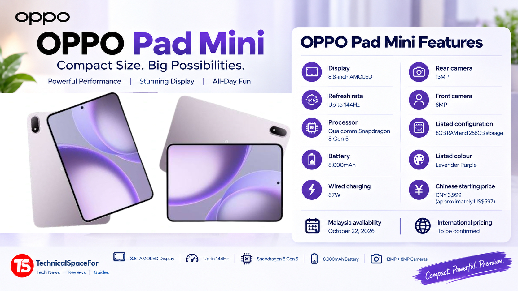 OPPO Pad Mini features with 8.8-inch AMOLED display, 144Hz refresh rate, and 8,000mAh battery.